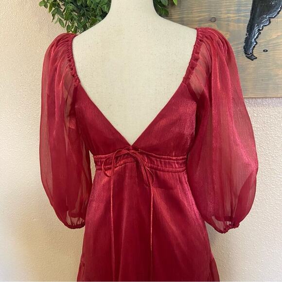 NWOT Lulus Romantic Appearance Wine Red Organza Tiered Midi Dress - Picture 5 of 9